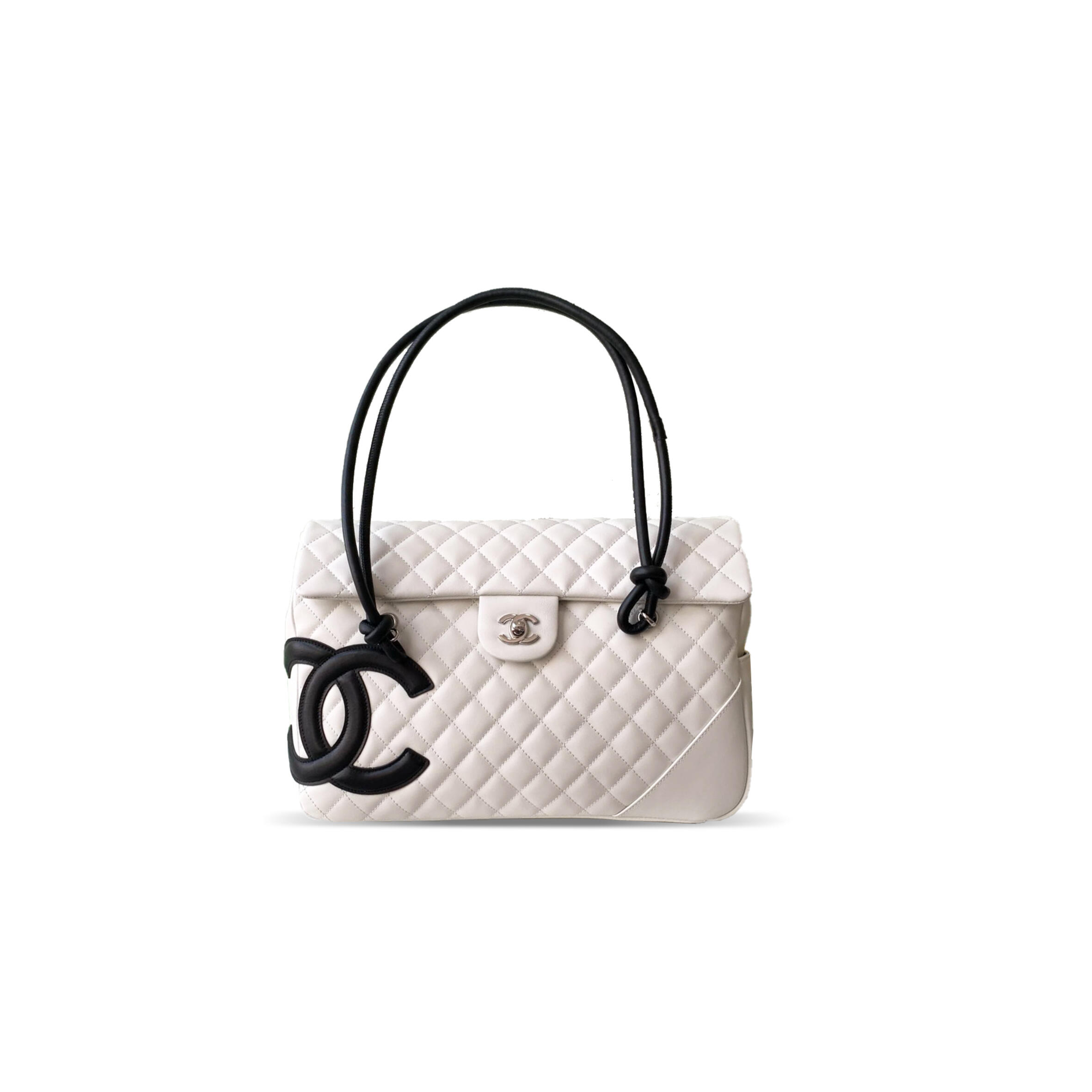 CHANEL CALFSKIN QUILTED LARGE CAMBON FLAP WHITE BLACK (33*24*11cm)